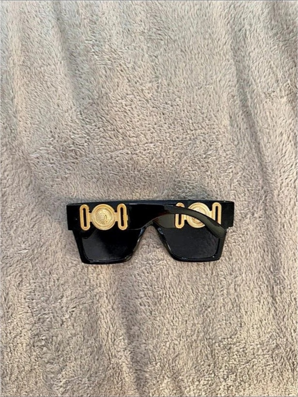 Black Oversized Sunglasses with Gold Medallion Hardware